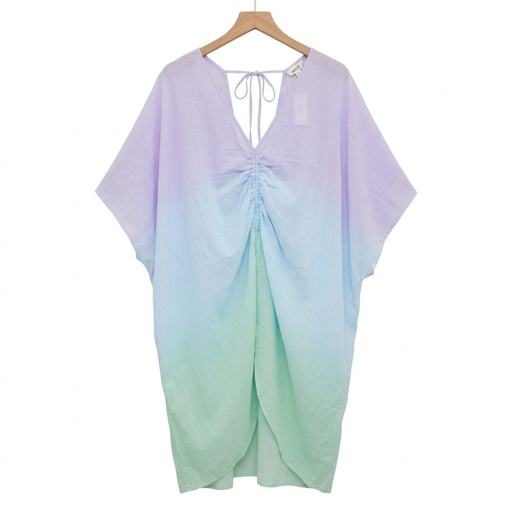 Aerie Ombre Kaftan Cover Up Dress L/XL Pastel Purple Blue Green Ruched V-Neck
